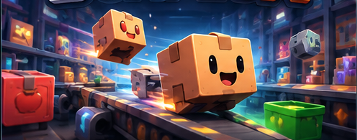 A smiling cardboard-box character riding a warehouse conveyor belt, boxes flying past on both sides