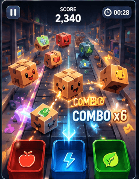 Gameplay screenshot showing score 2340, a 6x combo, and boxes about to drop into bins